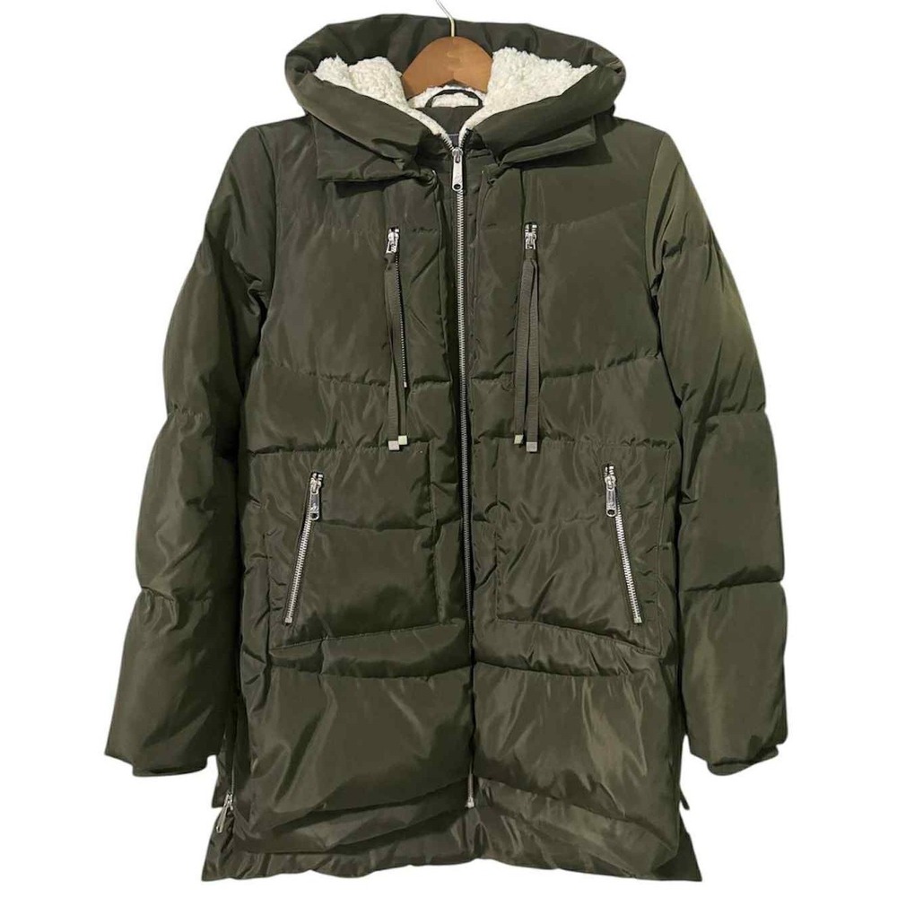Sam Edelman XS Puffer Jacket Olive Sherpa Lined Hood Down Blend Winter Coa - Picture 2 of 6
